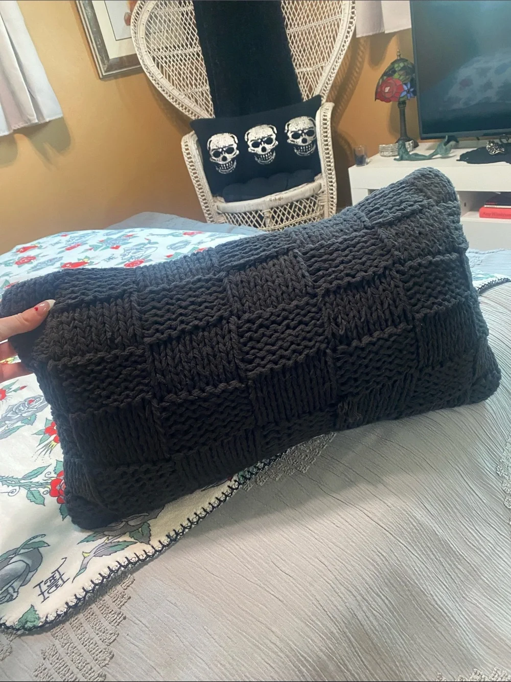 Black Knit Basketweave Lumbar Pillow woven boho
